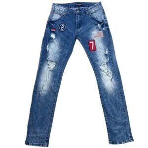 Black Premium Skinny Flex Blue trendy Jeans Distressed Patches Sz 28 /28 Hemmed